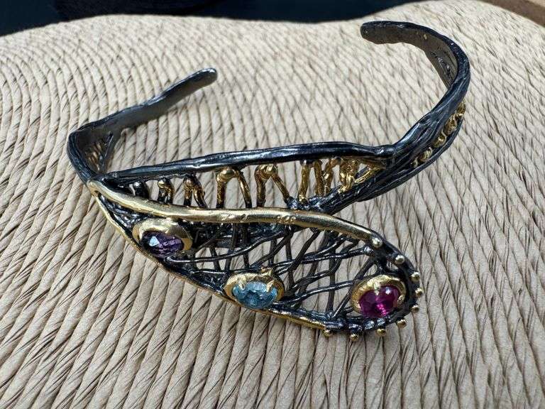 Oxidized & 18k Gold Plated Sterling Silver 925 Cuff Bracelet Adorned with Garnet, Amethyst & Aquamar