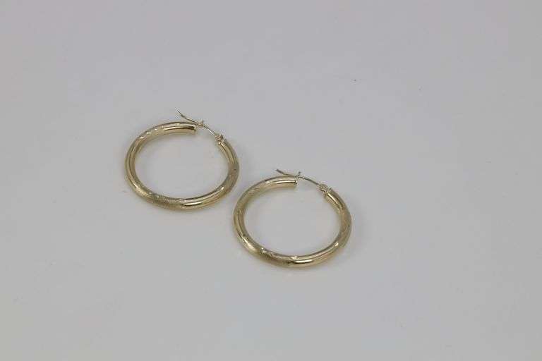 10k Yellow Gold Fancy Diamond Cut Hoop Earrings 30mm