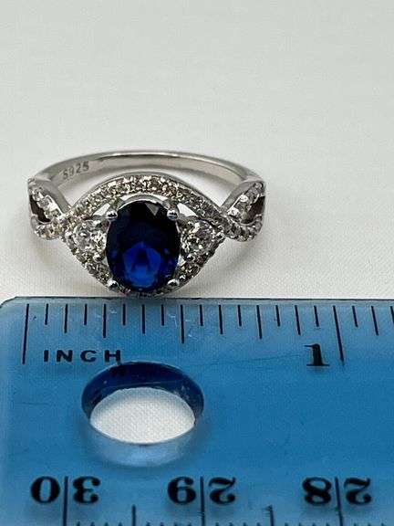 925 Sterling Silver Oval Blue Center Stone With Crystal Pave Details Ring