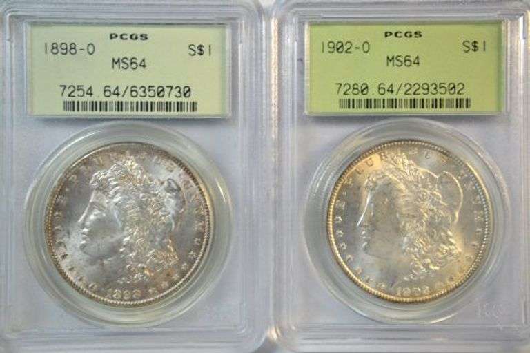 Old Green Label PCGS MS64 1898-O & 1902-O Morgan Silver Dollars