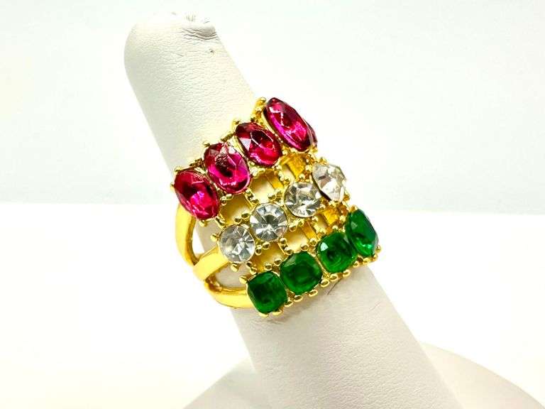 14 Kt Gold Plate Sparkling 17.5 Ctw Simulated Diamond Pink Sapphir and Emerald Ring