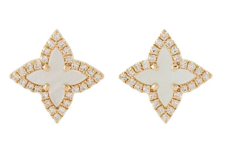 New 1.11ctw Mother of Pearl and 0.21ctw Clover Frame Flower Shaped Stud Earrings in 14K