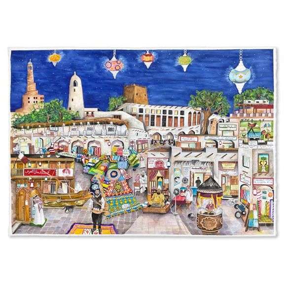 "Souq Waqif Hand Signed Original Painting with Letter of Authenticity. by Linnea Pergola