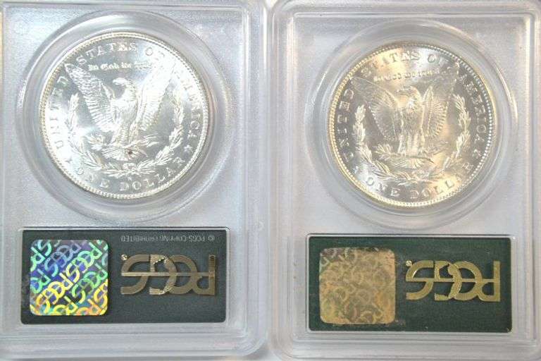 1885 (PCGS MS64) & 1881-S (PCGS MS65) Morgans. Old Green Labels