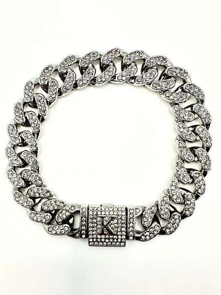 Sparkling 14 Kt White Gold Plate 34.5 Gram Monogramed Initial "K" Curb Link Bracelet