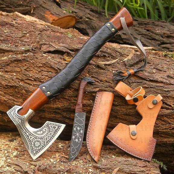 Hand-Forged Viking Bearded Axe and Knife