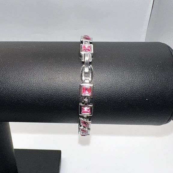 18 Kt White Gold Plated Lab Simulated Pink Sapphire Princess Cut Bracelet