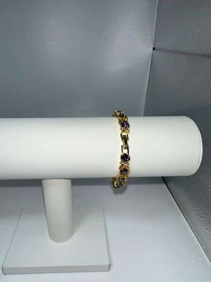 14 Kt. Yellow Gold Plated Lab Simulated 16.5 Cwt. Amethyst & Diamond Tennis Bracelet