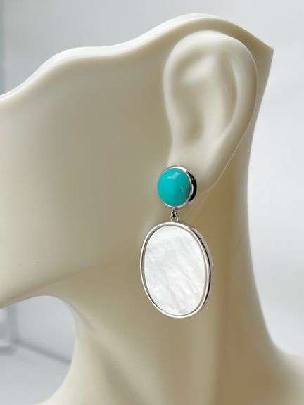 925 Sterling Silver Dangle Earrings Featuring Blue Top Stone And MOP Drop Earrings