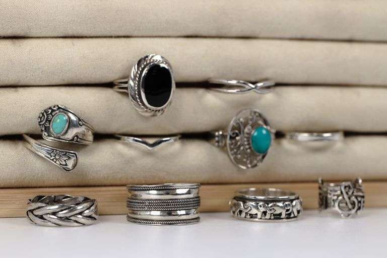 Sterling Silver .925 Curated Lot of 10 Rings Various Sizes & Styles