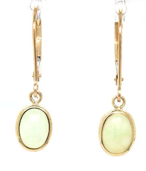 14kt Yellow gold oval green Jade bezel set drop earrings