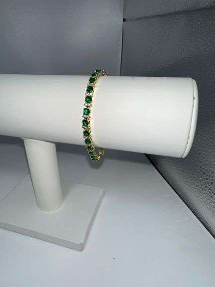 Gorgeous 18 Kt Yellow Gold Plated Simulated Emerald and Diamond Tennis Bracelet