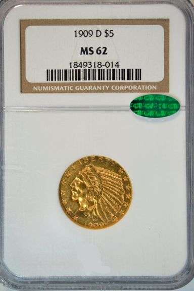 Very Choice BU 1909-D $5 Indian Gold Piece. NGC MS62 CAC Sticker