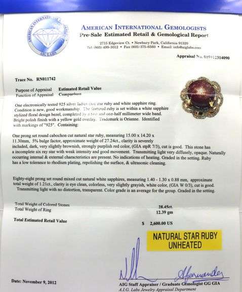 Breathtaking Huge 27.24CTS Natural Unheated Cabochon-Cut Star Ruby & White Sapphire Ring in Yellow G