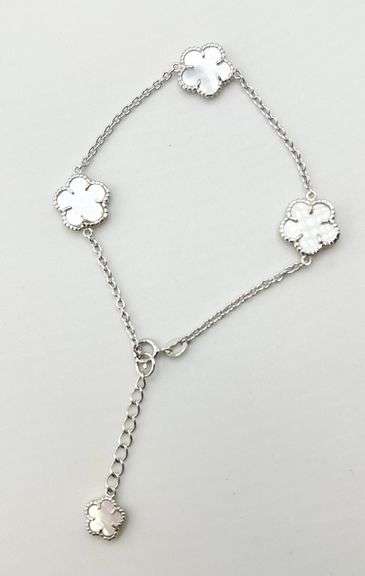 925 Sterling Silver Three Clover White MOP  And One Charm Clover Bracelet