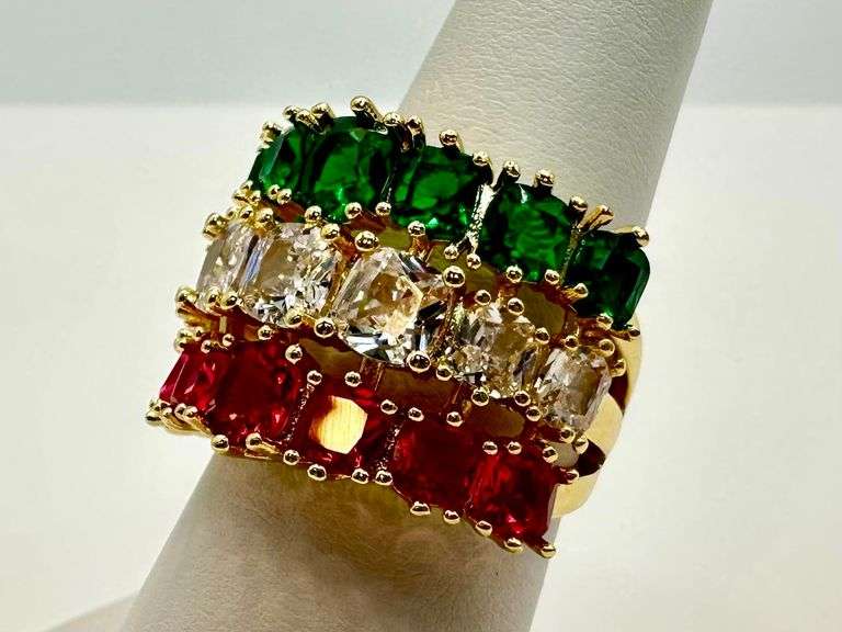14 Kt. Yellow Gold Plate 12 Cwt. Simulated Diamond Ruby and Emerald Ring