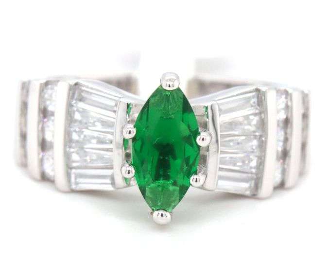 Green marquise and white round and baguette cubic zirconia ring
