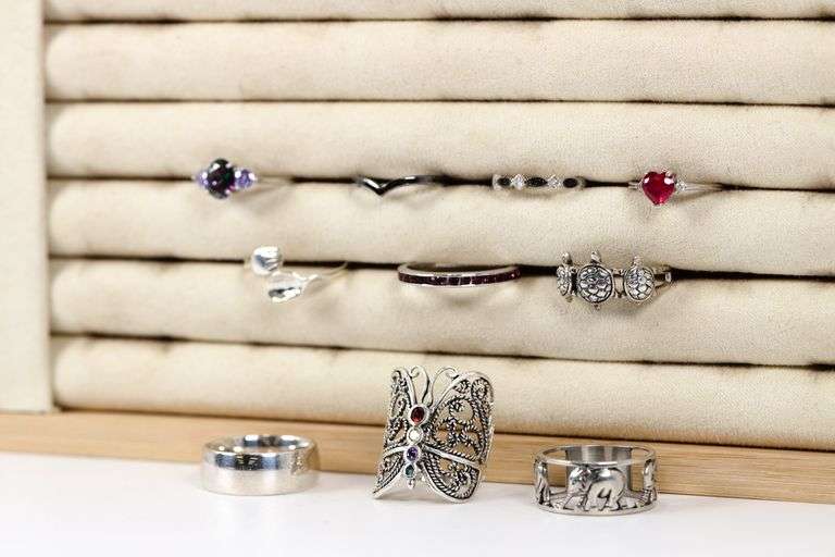 .925 Sterling Silver Curated Ring Lot of 10 Rings Various Sizes & Styles