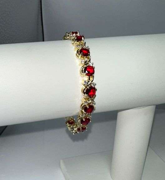 Beautiful 14 Kt Yellow Gold Plated Lab Simulated 16.5 Cttw Red Ruby Diamond Tennis Bracelet