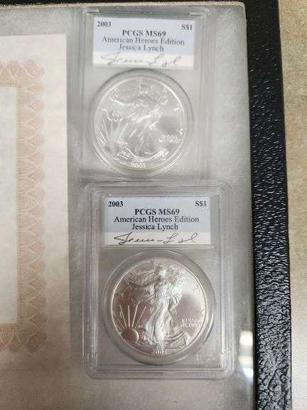2003 Autographed Jessica Lynch Silver Eagle Set, PCGS MS69