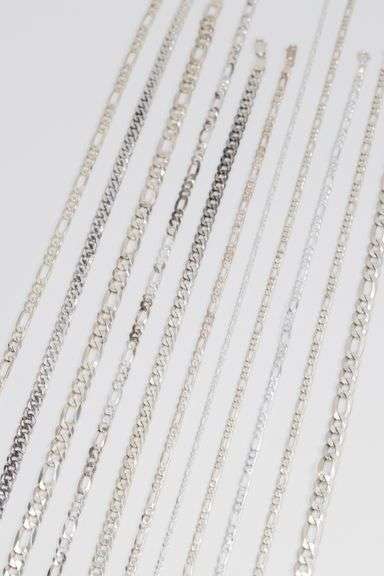 Sterling Silver - Italy Stamped - Curb / Figaro Mixed Lot - 11 Chains - 4.7mm to 10mm Wide - Mixed L