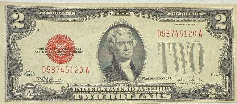 1928 F Unc $2 Red Seal US Note.