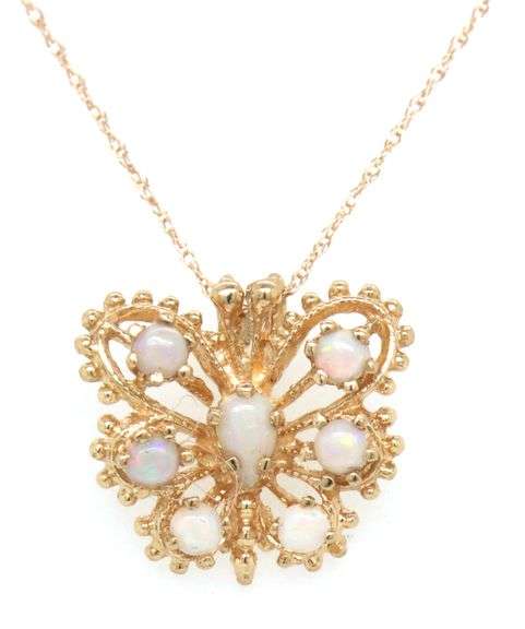 14kt Yellow gold cluster opal butterfly pendant on chain