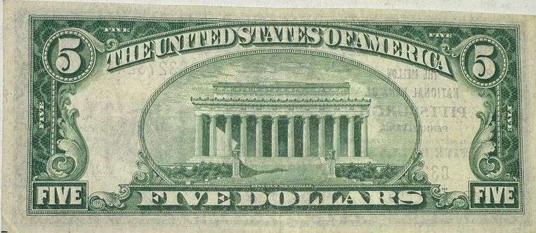 $5 Mellon Bank of Pittsburgh Uncirculated National Currency Note