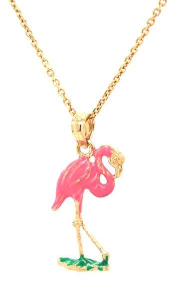 14kt Yellow gold Enameled Flamingo pendant on chain