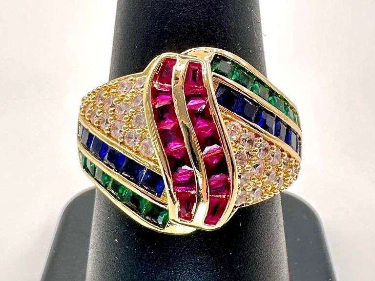 Impressive 4.75 Ctw Simulated Ruby, Sapphire, and Emerald 14 K Yellow Gold Plate Ring