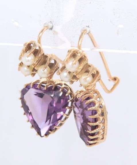 Antique Yellow Gold Amethyst and Pearl Dangle Earrings