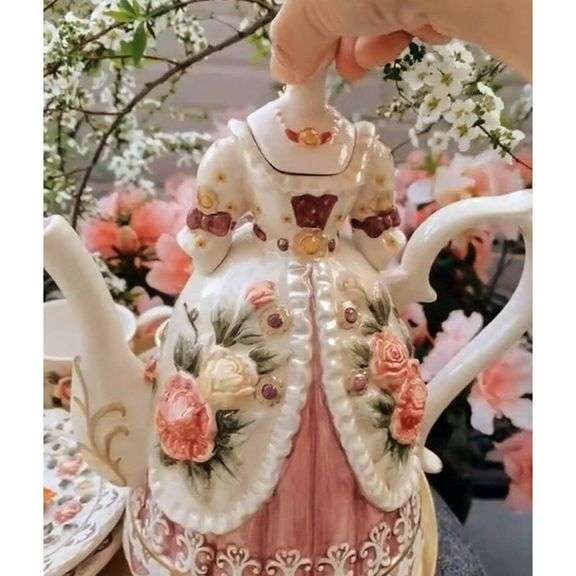 Hand-Painted Ceramic Teapot with Embossed Rose Design