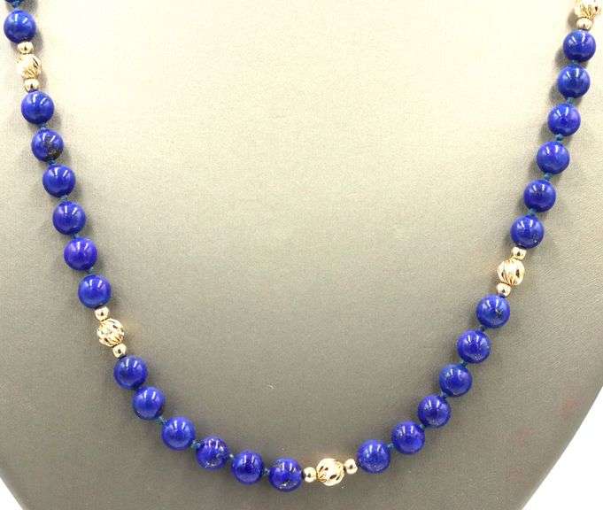 Lapis and gold beads station necklace