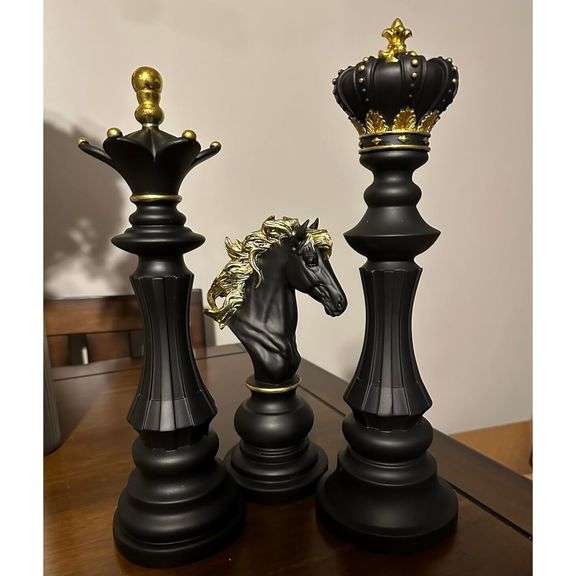 3 Large Black with Gold Chess Pieces