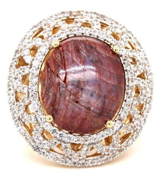 Amazing Huge 25.16CTS Oval Cabochon-Cut Ruby & 2.53CTW Round Faceted Colorless Sapphires Ring in 14K