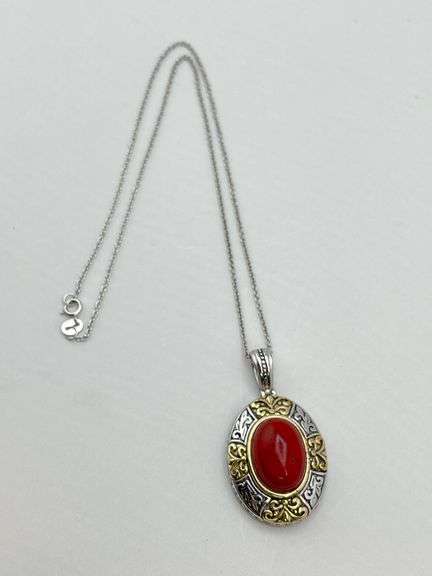 925 Sterling Silver Bezel Set Floral Pattern Red Coral Color Pendant With Chain Necklace