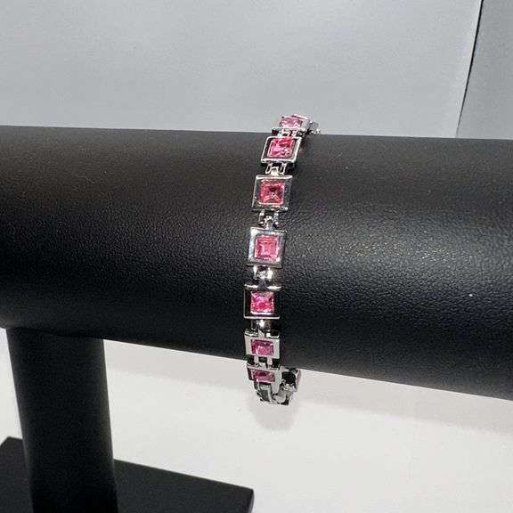18 Kt White Gold Plated Lab Simulated Pink Sapphire Princess Cut Bracelet