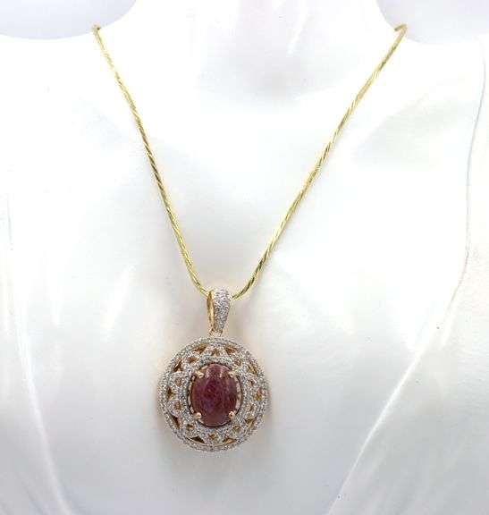 Fabulous !3.00CTS Oval Cabochon-Cut Star Ruby & 2.45CTW Round Sapphire Pendant Necklace in 14K Gold 