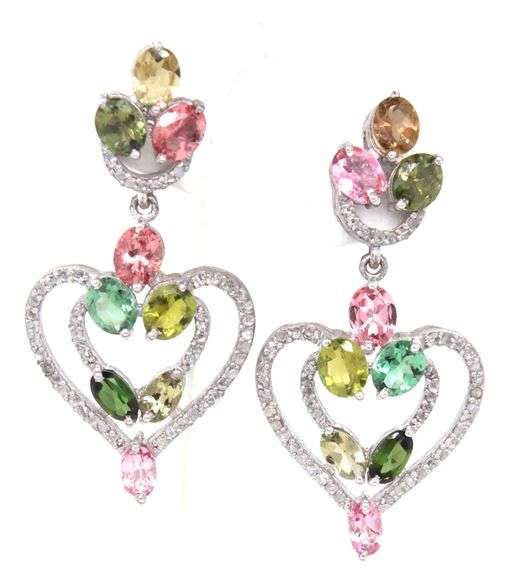 Enamoring 6.80CTW Oval Multi Color Tourmaline & Diamond Heart Shaped Dangle Earrings