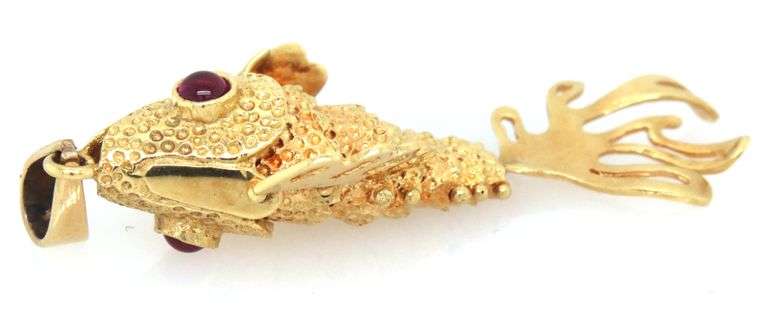 Wonderful 18K YG Italian Made Fish Pendant with Ruby Eyes