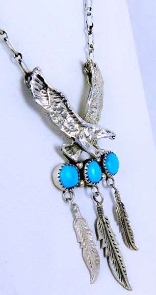 Vintage Native American Sterling Turquoise Eagle Necklace, JJ