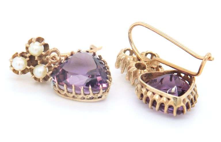 Antique Yellow Gold Amethyst and Pearl Dangle Earrings