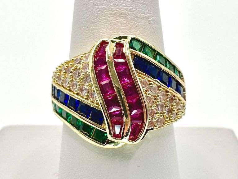 14 Kt. Gold Plate 4.75 Cwt. CZ Red, Blue, and Green Ring