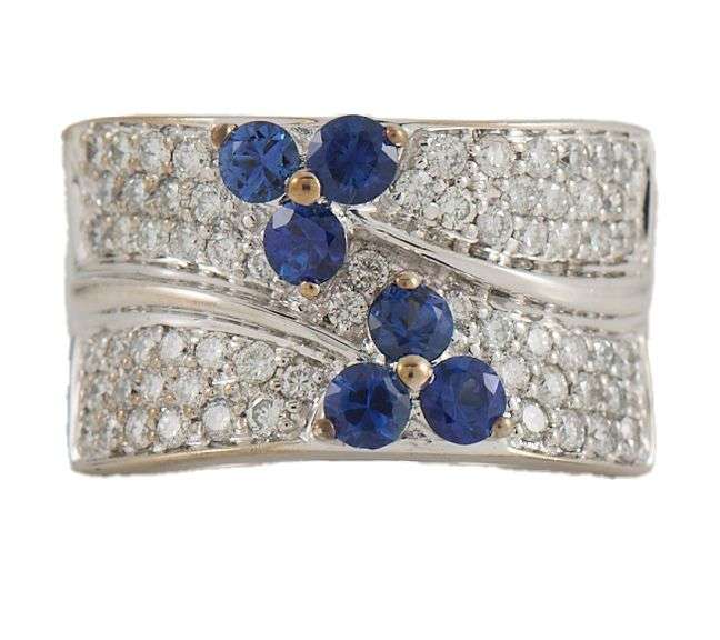 0.75ctw Sapphire and 1.50ctw Pave Diamond Flower Multi Row Band Ring in 18K