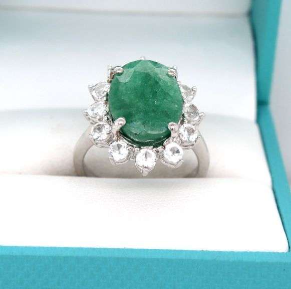 Sparkling 6.50CTS Oval Emerald-Cut Emerald & Sapphire Ring in Sterling Silver