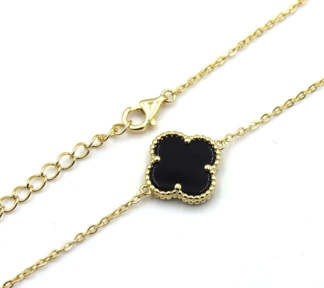 925 Sterling silver 5 clover black onyx link necklace