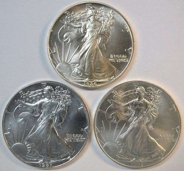 3 Better Date Superb Gem BU $1 Silver Eagles: 1986, 1987, & 1996