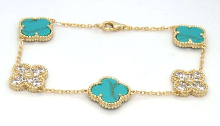 925 Sterling silver 12mm turquoise and cubic zirconia clover link bracelet