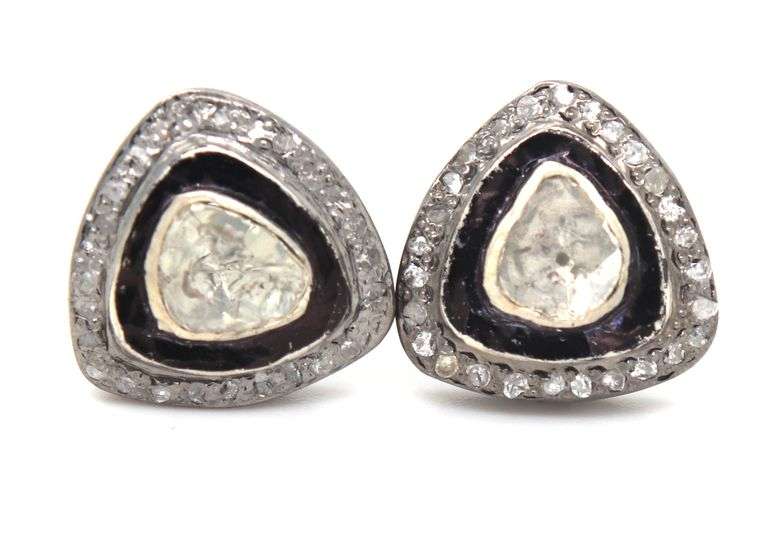 Mine Cut Halo Diamond Earrings with Dark Silver and Diamond Accents