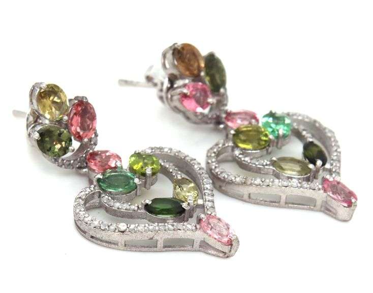 Enamoring 6.80CTW Oval Multi Color Tourmaline & Diamond Heart Shaped Dangle Earrings